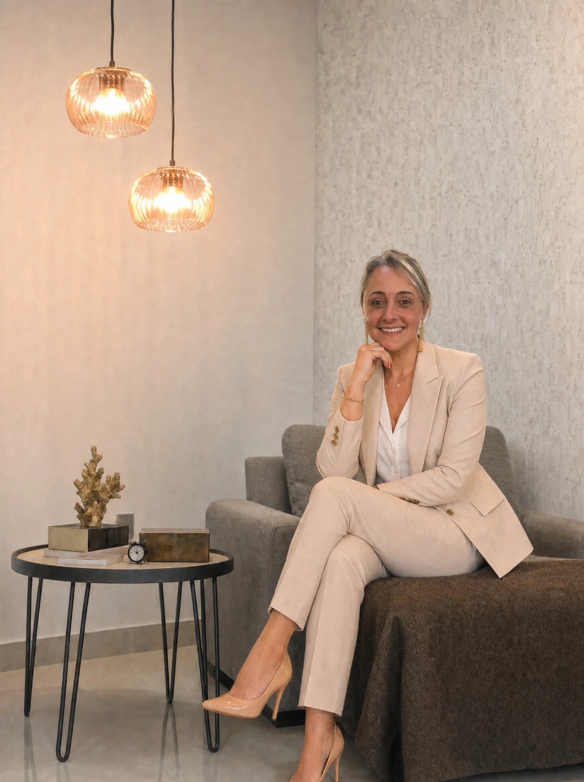 Valéria Maiolini no consultório, sob as luminárias